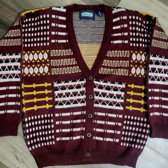 Vintage Lindsay Gray 90s Maroon Geometric Patchwork Cardigan Sweater M - Picture 3 of 5